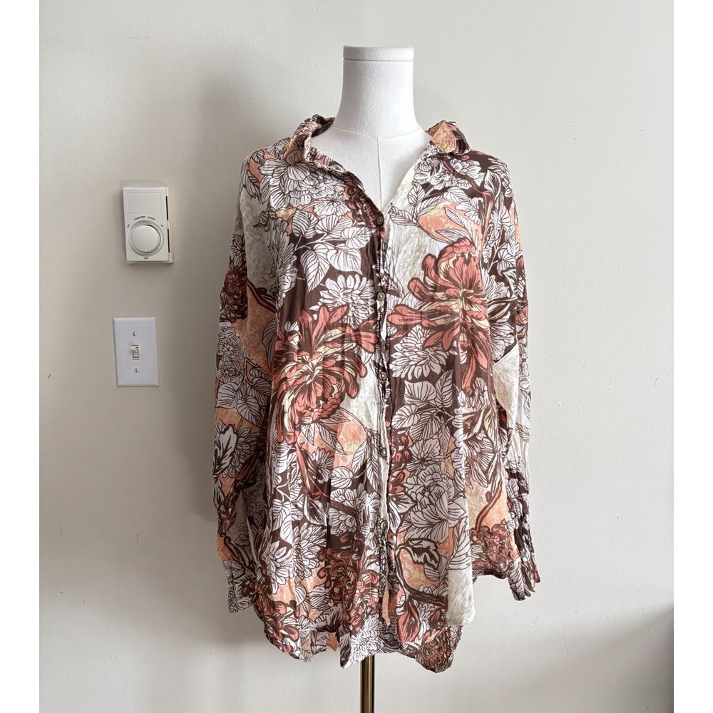 Intimately Free People Brenda Knight Large Button Up Top Floral Boho Orange